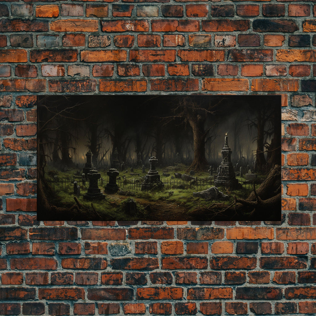The Haunted Cemetery, Moody and Gloomy Art, Framed Canvas or Poster, Victorian Oil Painting, Dark Academia, Graveyard At Midnight